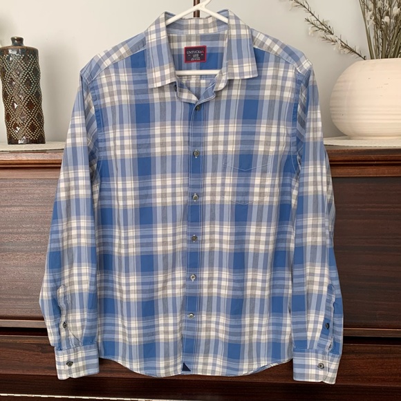 UNTUCKit Men's Blue/Grey/White Plaid Button-Down Shirt, Size Large - Picture 3 of 14